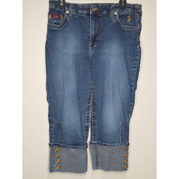 VTG Baby Phat Jeans Womens Size 14 Blue Denim Stretch Cuffed Straight Leg Capris - Picture 1 of 6